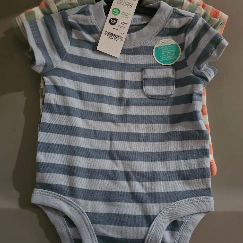 Carter's Baby Boy Bodysuit Set of 3, Blue/Green Stripes Preemie